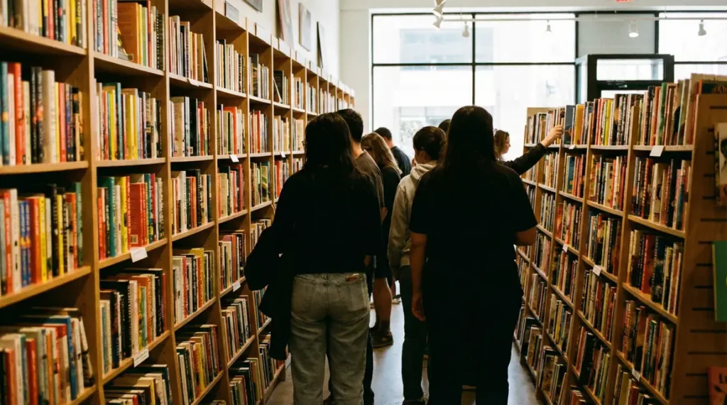 rayon de livres de poche colorés, ambiance effervescente