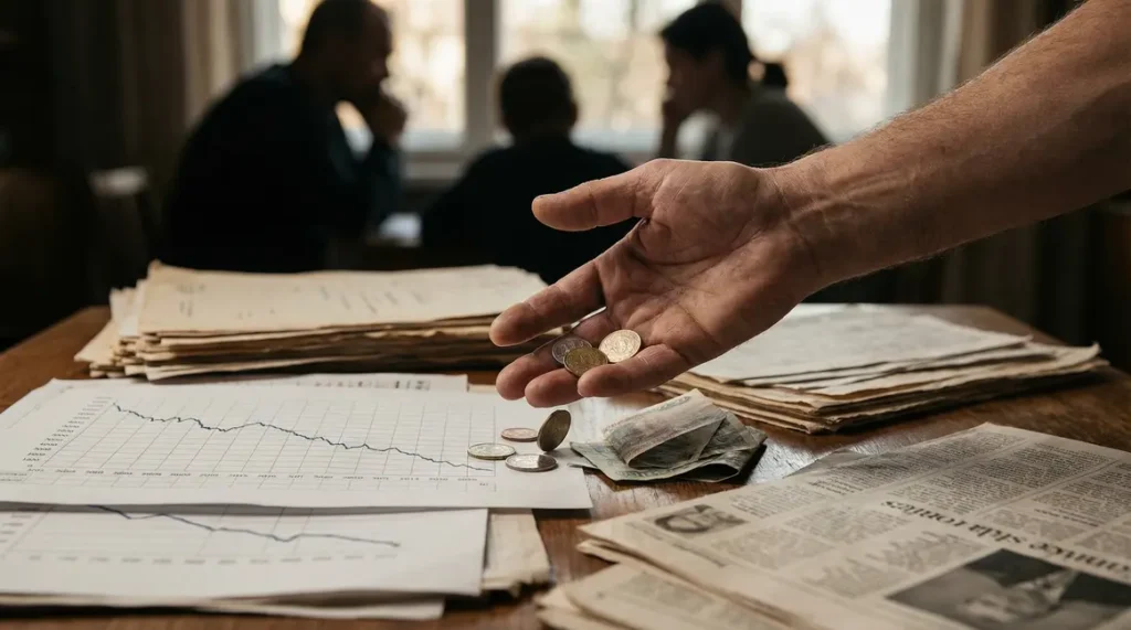 main verse pieces billets sur table dossiers financiers graphique baisse vigilance