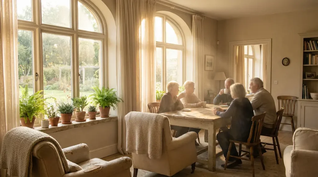 Salon lumineux seniors lumière naturelle matin