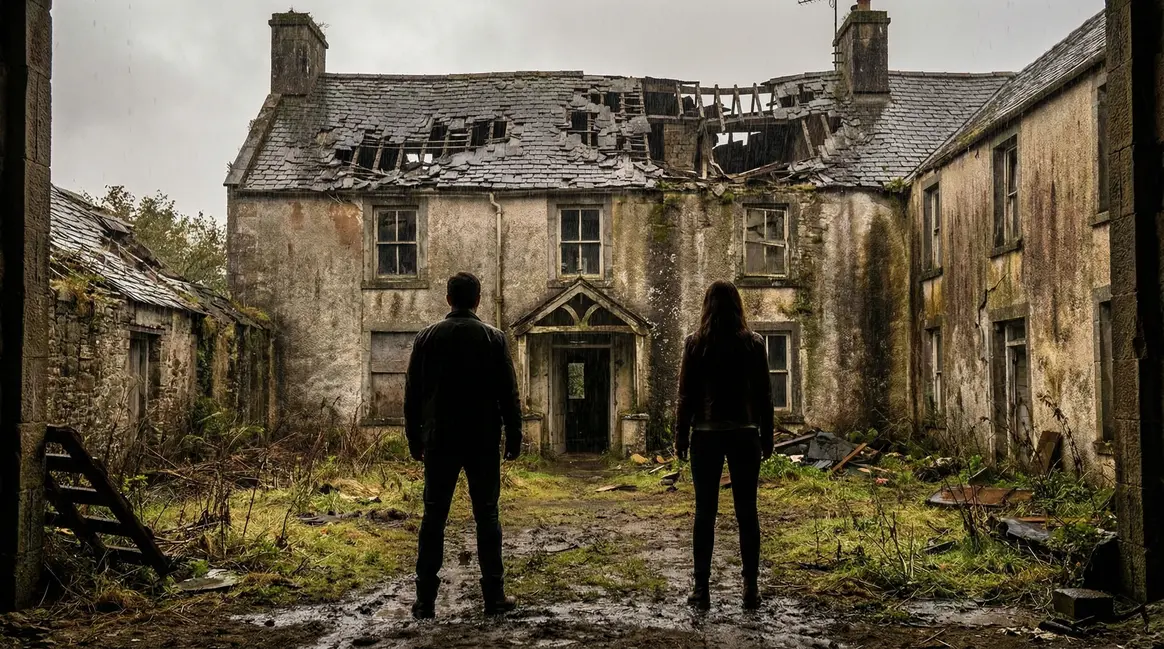 Grande maison familiale en ruine, toit arraché, succession