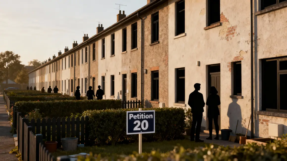 Maison mitoyenne étroite, voisins, pétition affichée