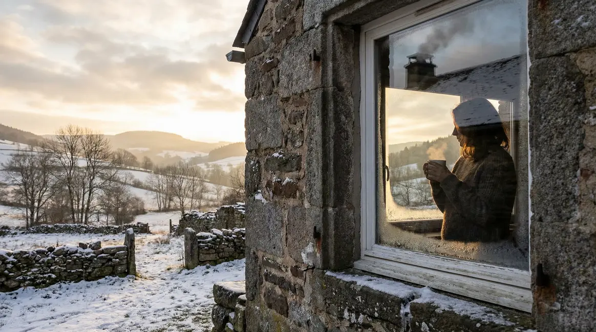 Maison rurale Cantal enneigée matin janvier