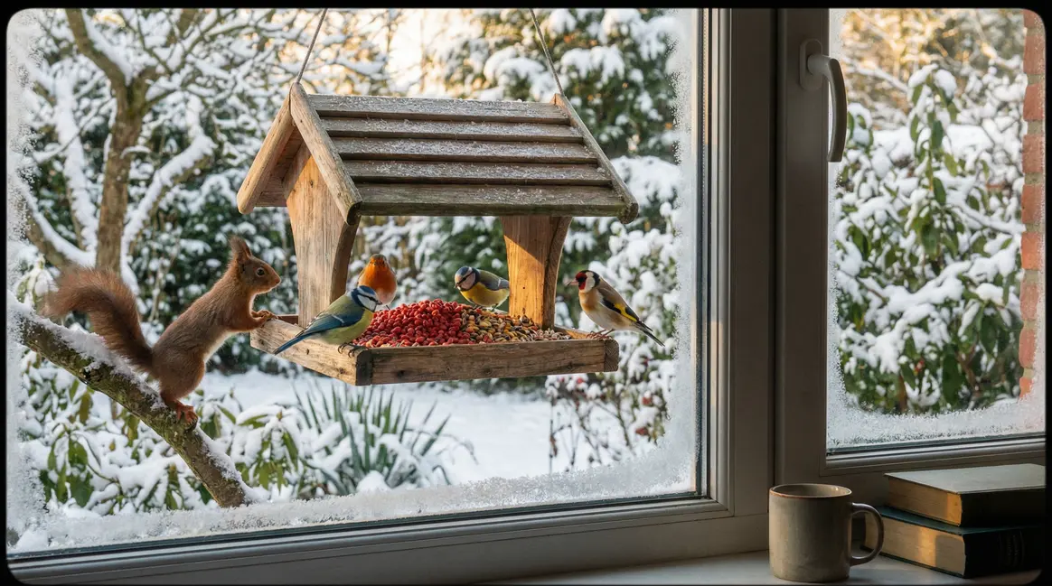 mangeoire à oiseaux avec chili et écureuil dans jardin hiver