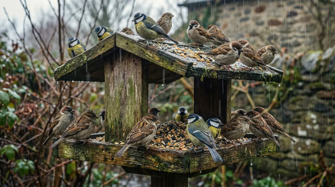 Mangeoire en bois sous la pluie avec oiseaux et graines moisies