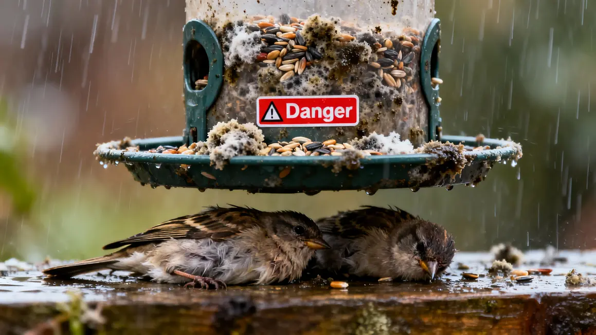 Mangeoire sale graines humides oiseaux immobiles pluie