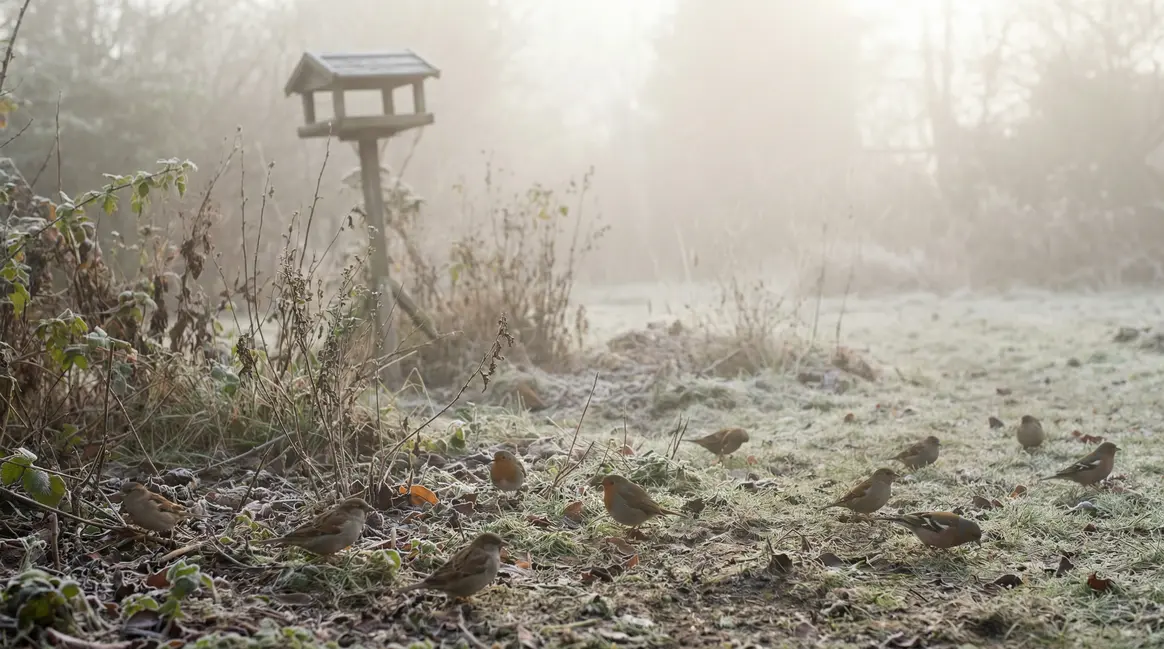 Oiseaux communs sur herbe avec mangeoire vide en hiver