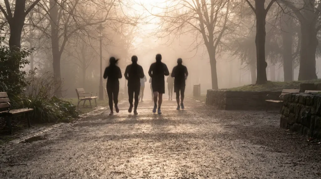 Marche rapide parc brume silhouettes