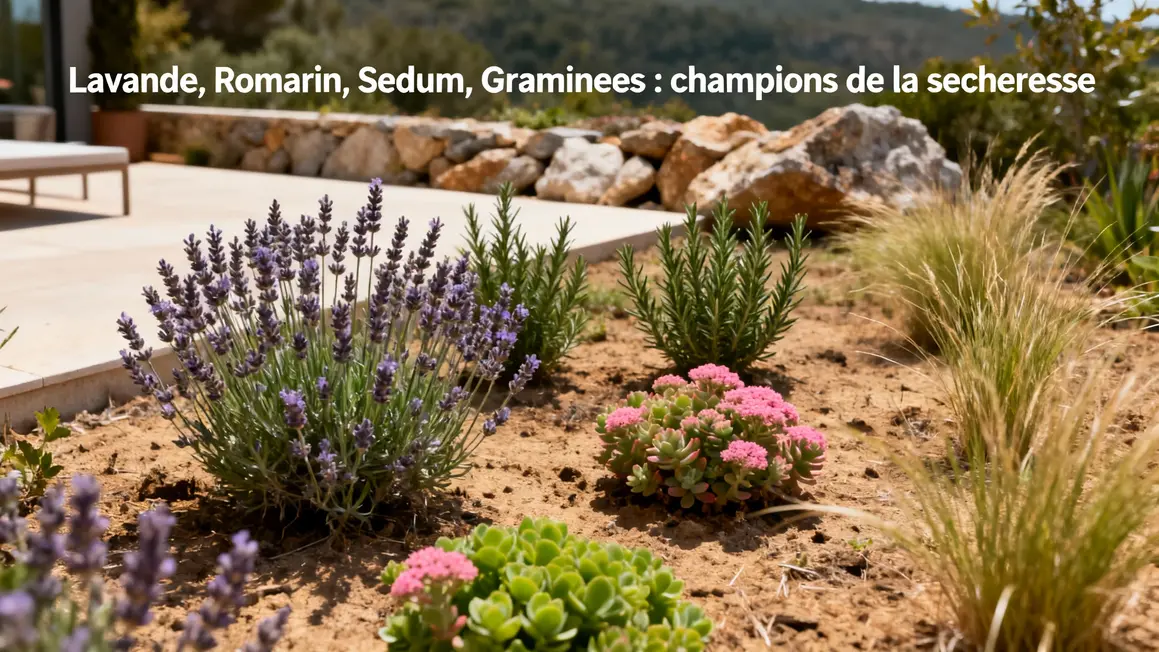 Massif proche lavande romarin sedum graminées sol sec