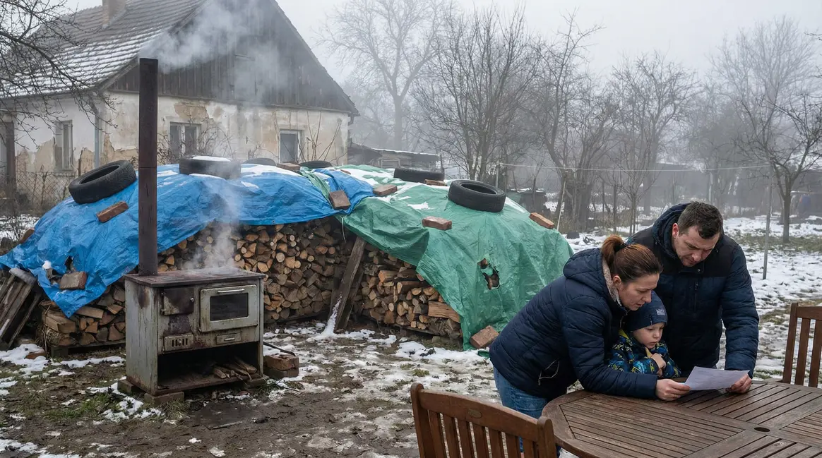 Tas de bois mal stocké, poêle qui fume, famille désabusée par facture élevée