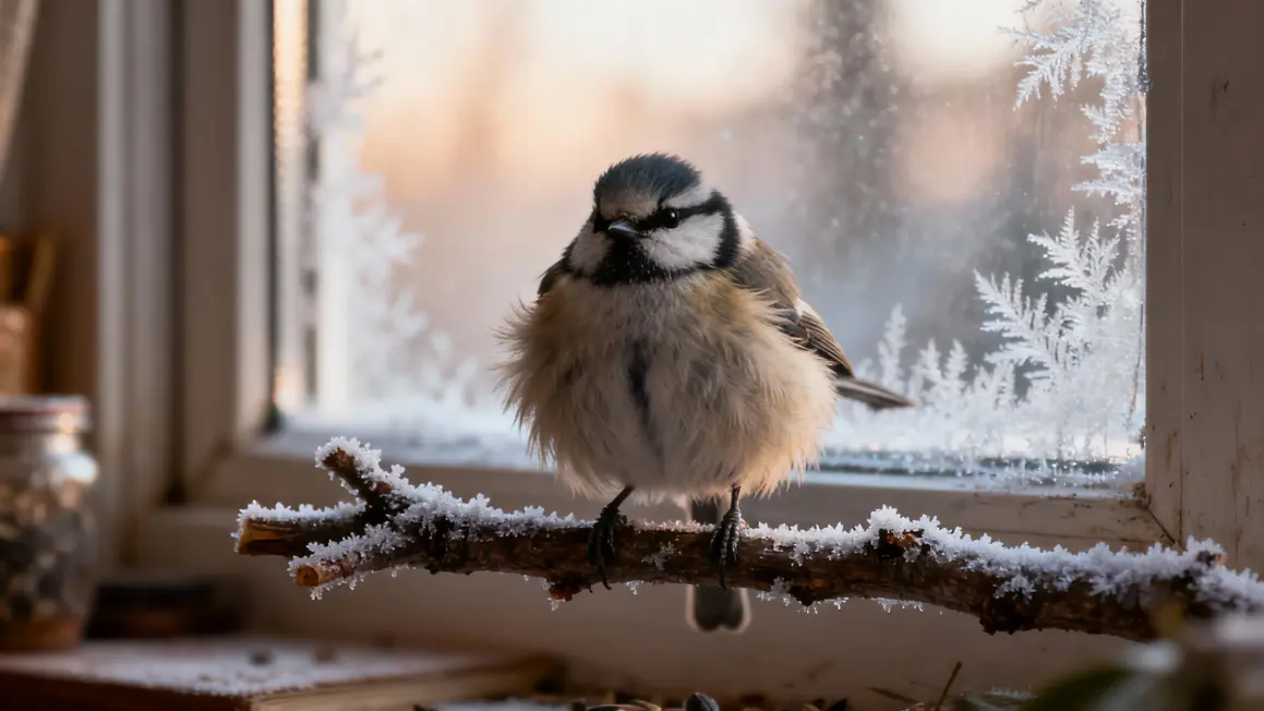 mesange branche glacee devant fenetre givre