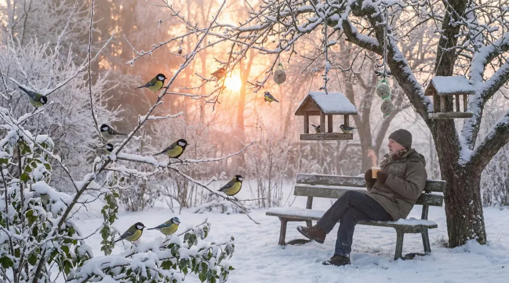 mésanges cherchant nourriture neige jardin hiver