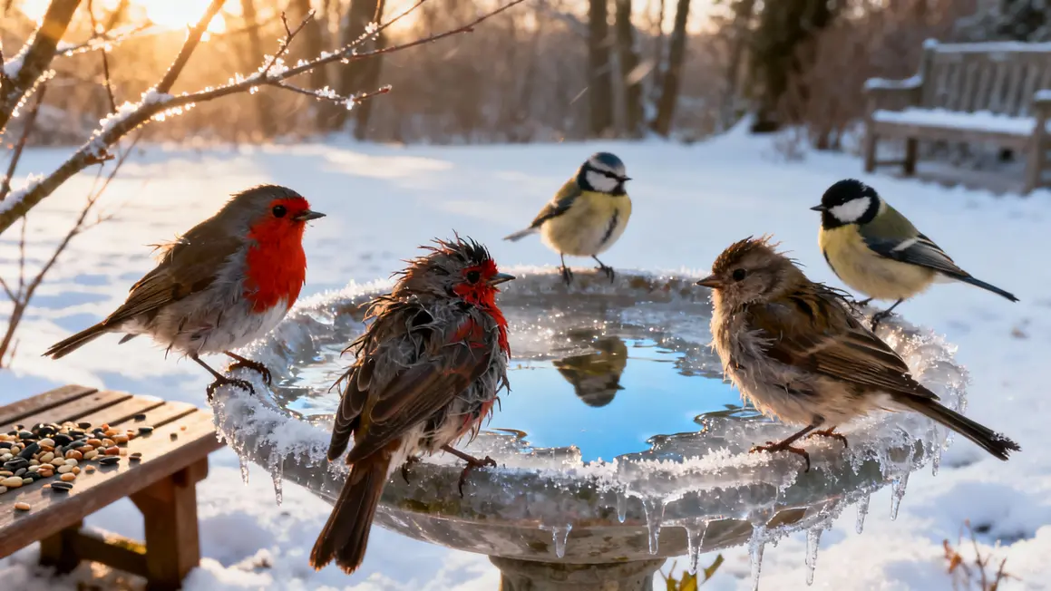Mesanges rouges gorges plumage ebouriffe posture fatigue devant abreuvoir gele