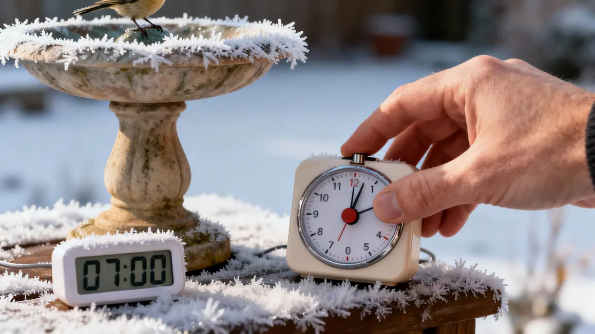 Main minuteur cuisine givre abreuvoir oiseaux hiver