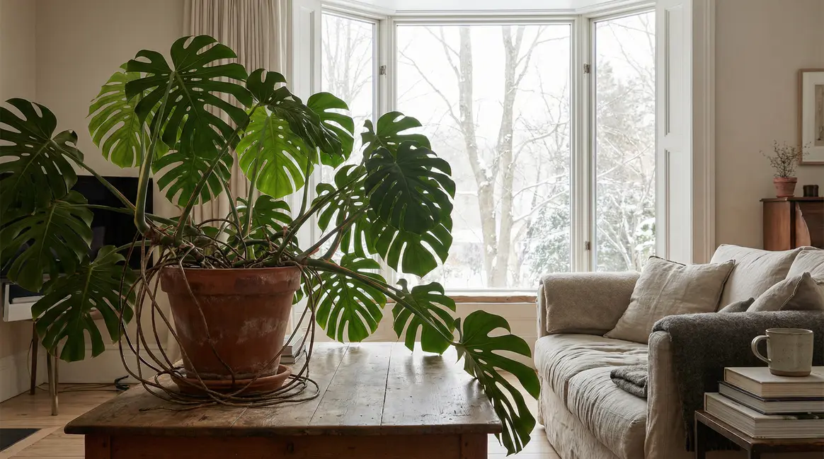 Monstera tropical racines apparentes salon en hiver