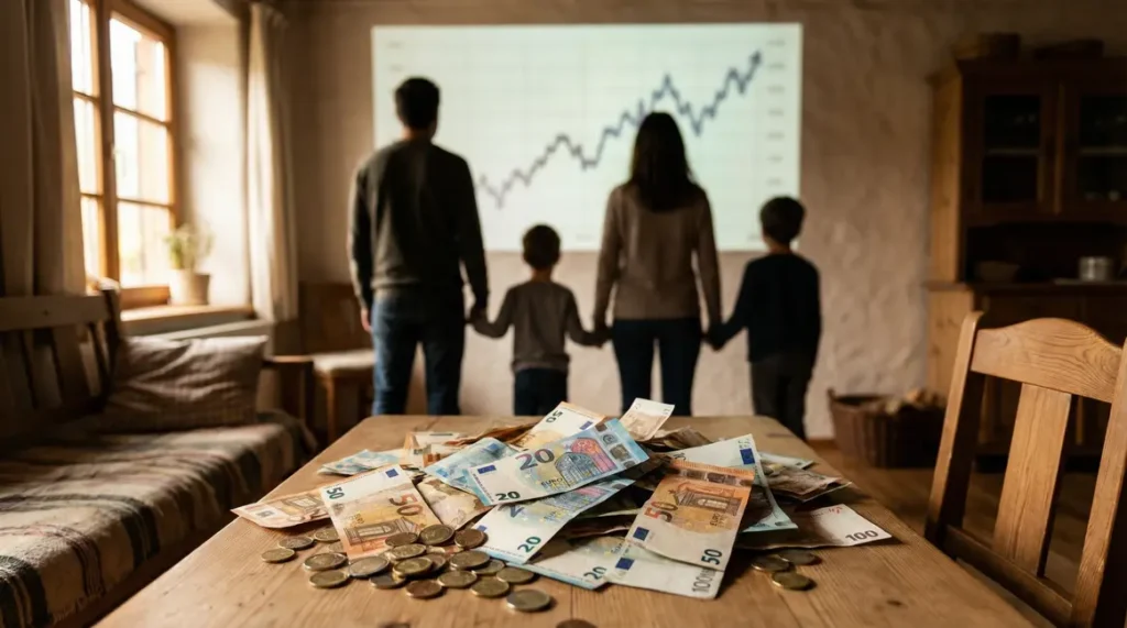 Montagne de billets et pièces euros famille patrimoine