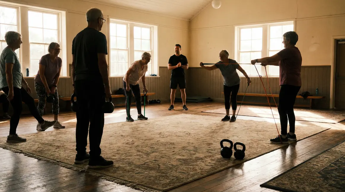 Seniors pratiquant la musculation fonctionnelle coach salle lumineuse