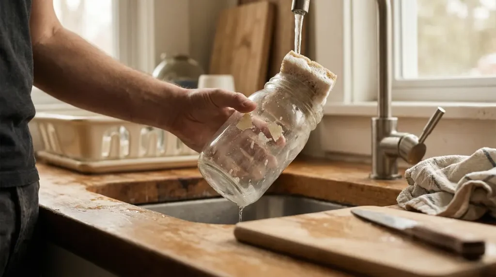 main nettoie bocal verre de colle apres retirer etiquette
