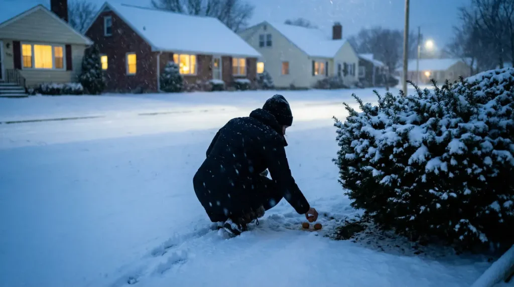 Femme depose deux oeufs dans jardin enneige nuit banlieue