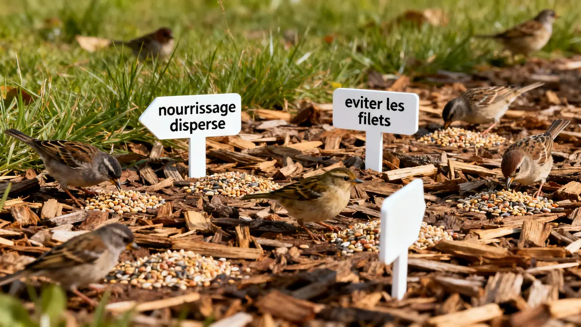 Oiseaux picorent graines dispersees herbe paillis