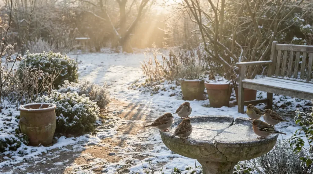 Des oiseaux jardin hiver autour d un abreuvoir gele