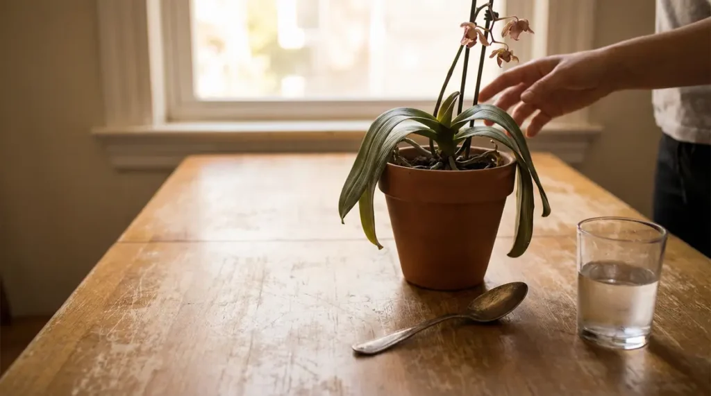 Orchidée défraîchie sur table cuisine avec cuillère et verre, lumière matinale