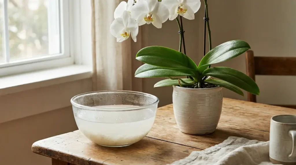 Orchidee en pot avec bol d eau de riz naturel