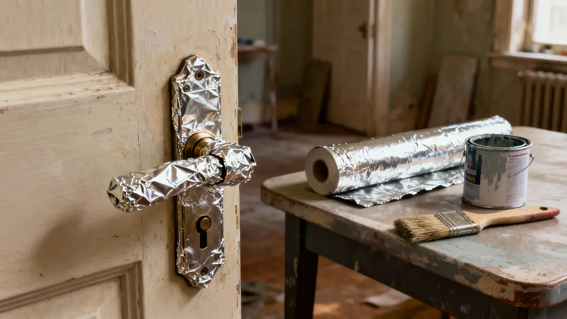 gros plan poignee porte papier aluminium peinture
