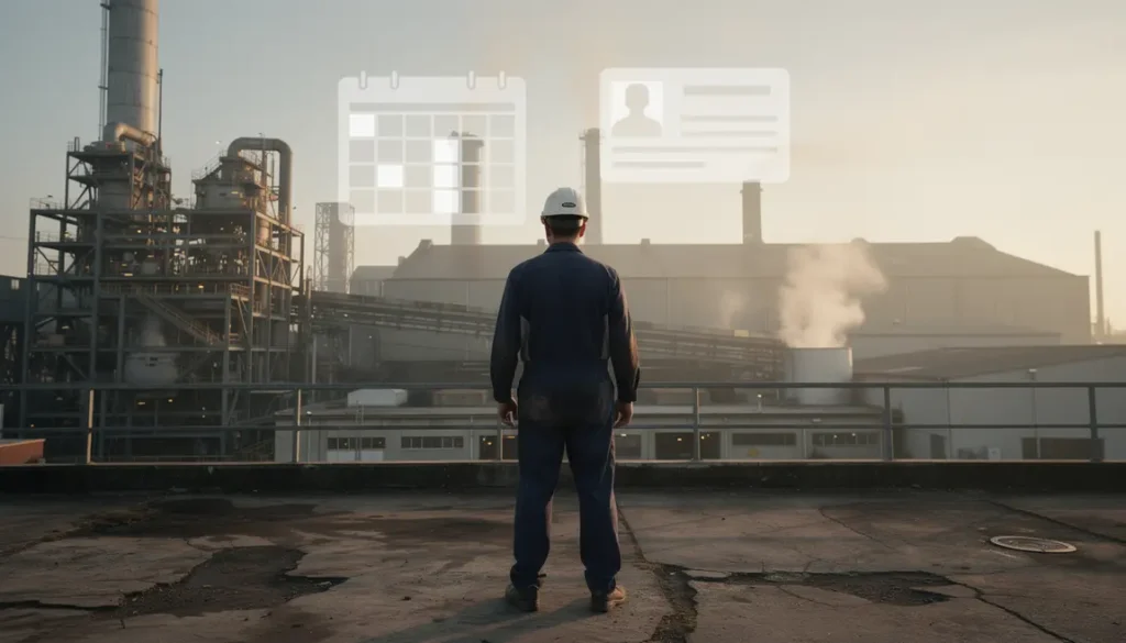 Ouvrier metallurgiste devant usine symbole retraite