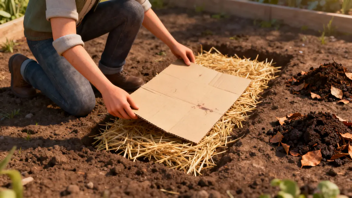 Pose de carton, paille et compost sur sol de jardin en hiver