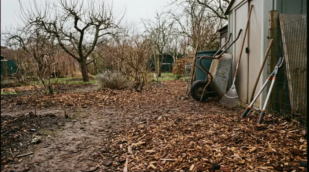 Photo jardin hiver sol paillis outils