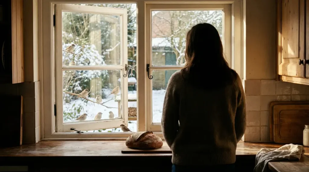 femme cuisine pain moineaux jardin hiver