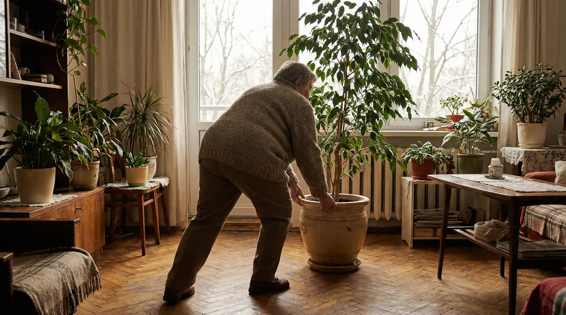 Femme agee deplace pot ficus sur parquet