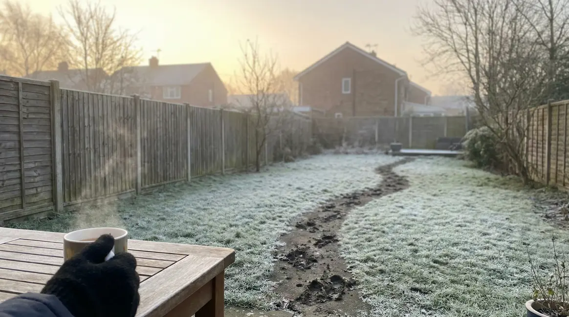 Pelouse givrée avec traces brunes par le gel