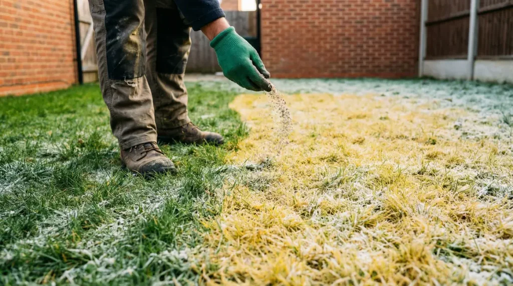 Main répand engrais azoté sur pelouse jaune en hiver