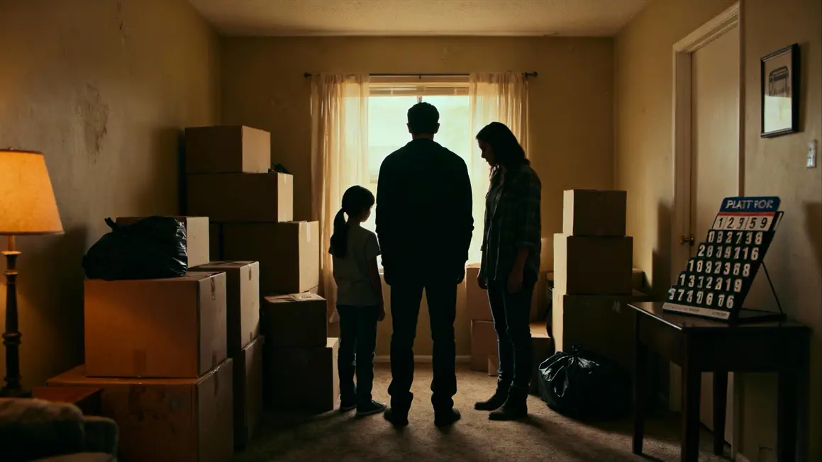 Famille silhouette cartons, loyer perdu, montre transports