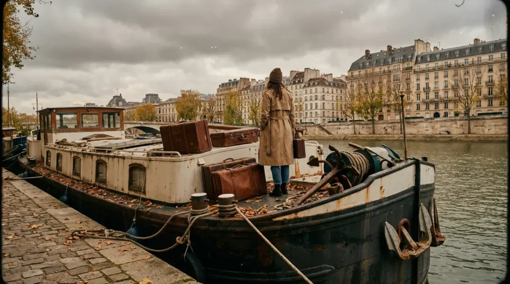 Péniche amarrée quai automne départ femme
