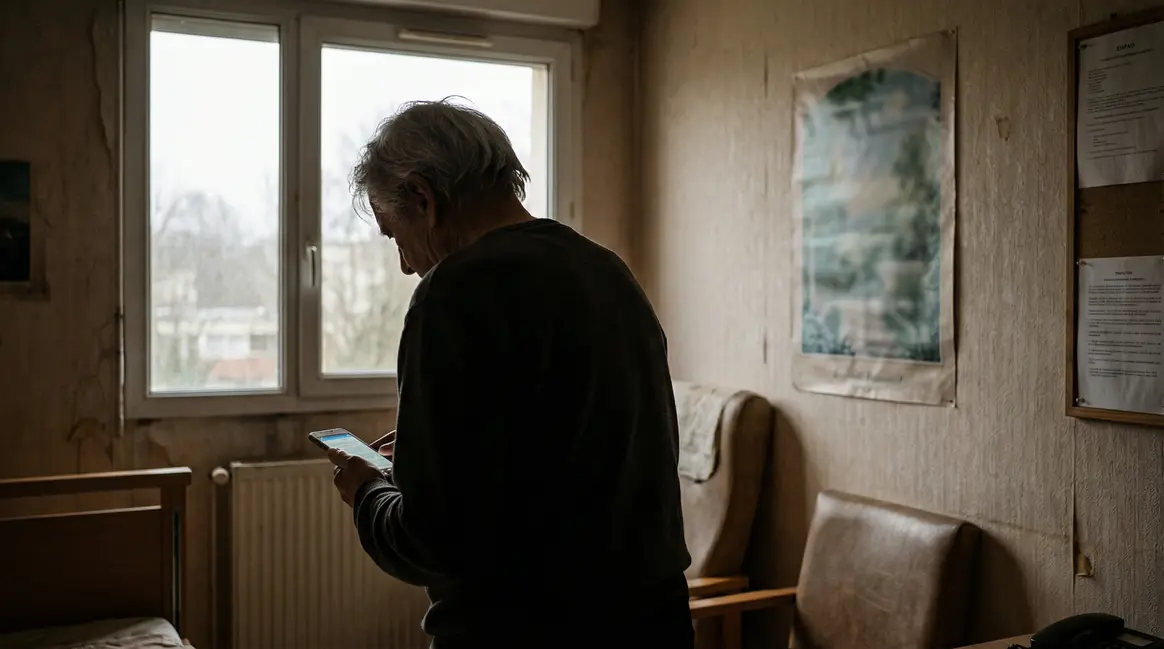 personne agee inquiete fenetre ehpad smartphone