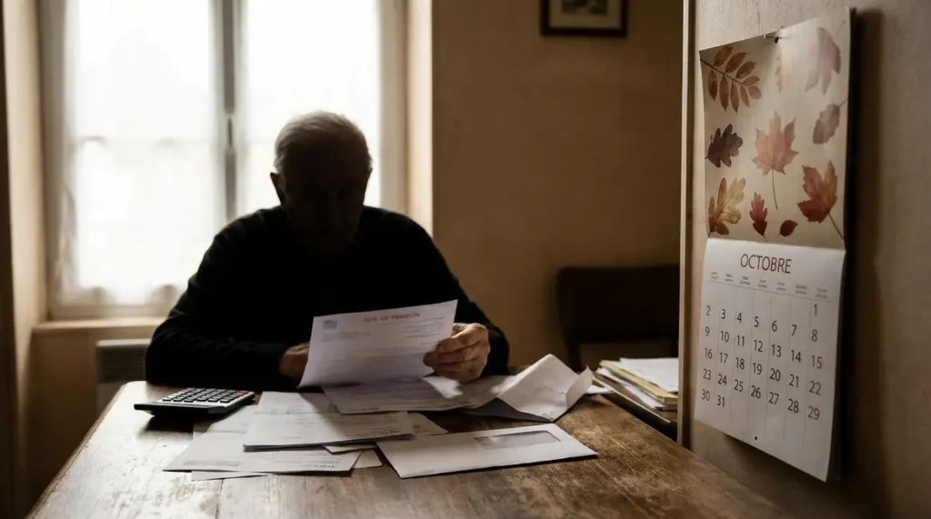 Senior lit son avis de pension devant calendrier automne