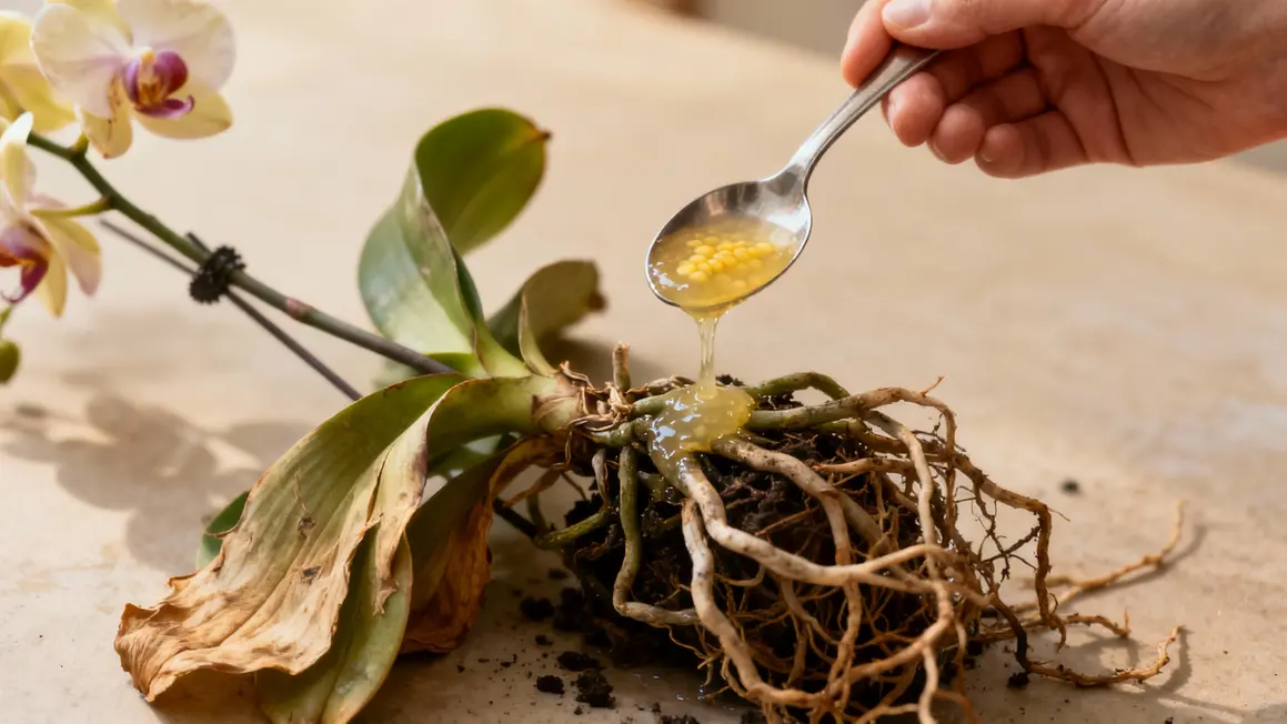Orchidée feuilles molles et liquide maïs bouilli racines