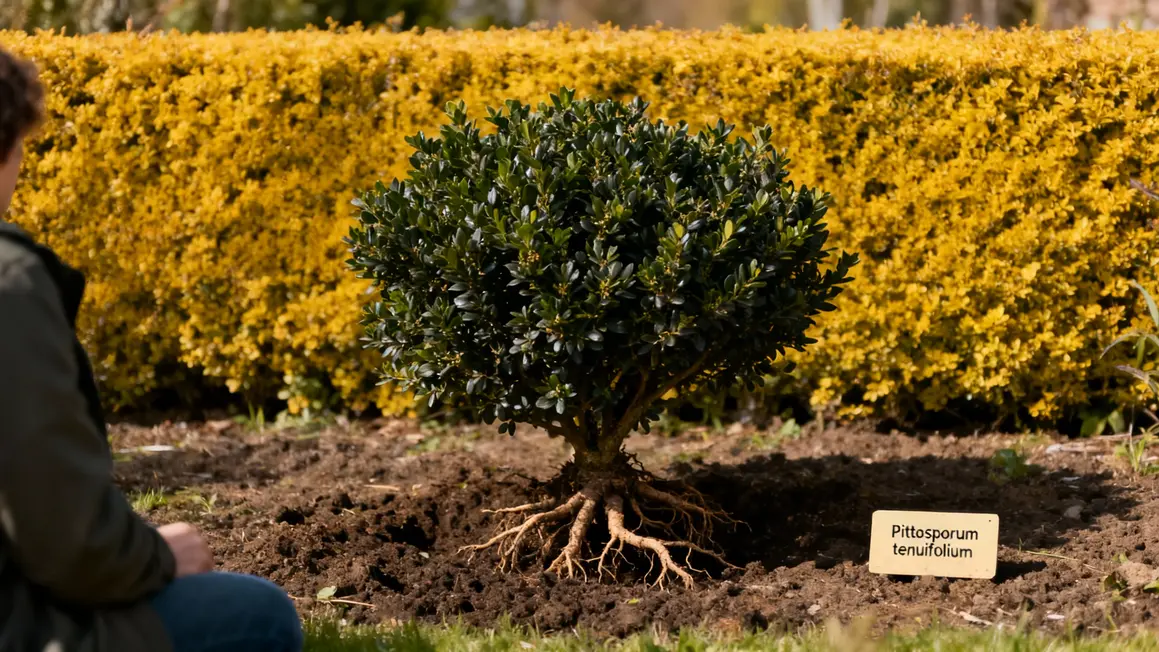 Buisson Pittosporum tenuifolium racines visibles