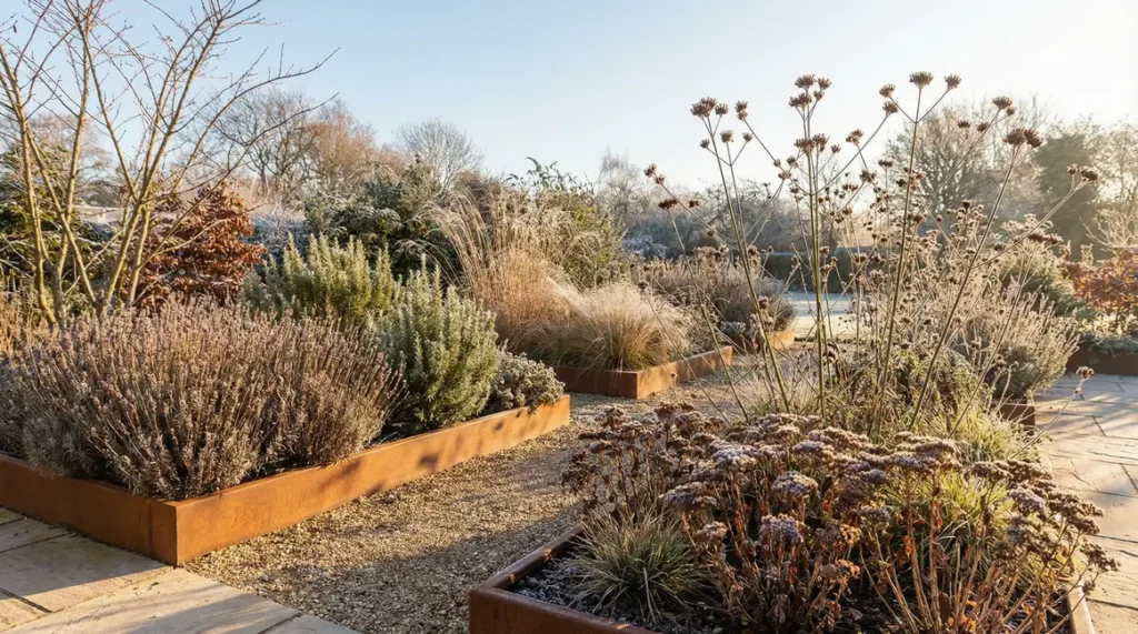 Photo jardin hiver lavande romarin sedum graminees verveine