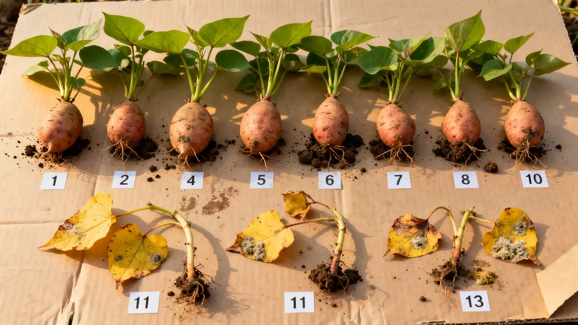 Plants patate douce vigoureux et ratés sur planche papier