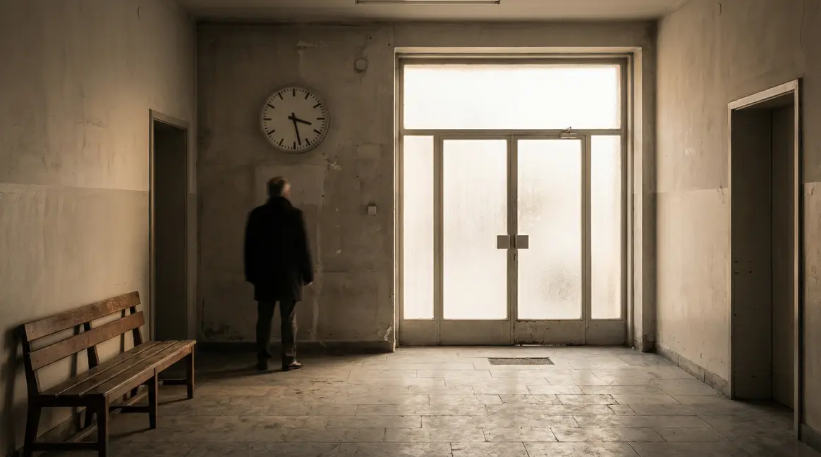 personne attendant devant horloge hall immeuble