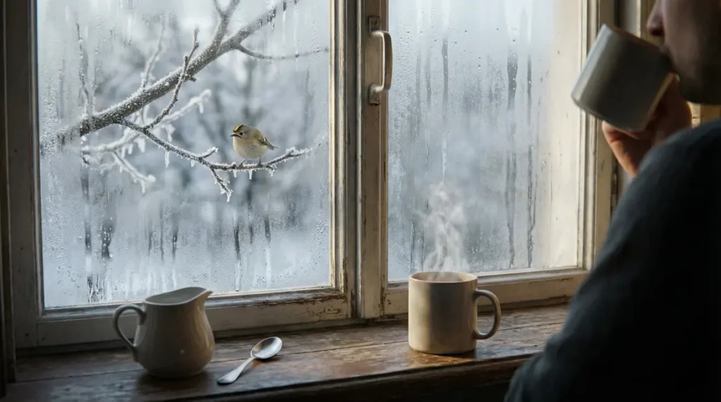 pot de creme vide et oiseau hiver vue fenetre