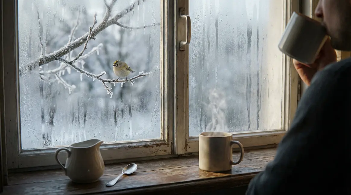 pot de creme vide et oiseau hiver vue fenetre