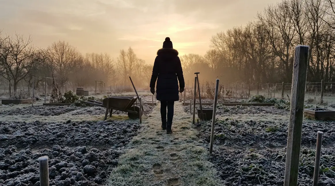 Personne marchant dans un potager givré en hiver