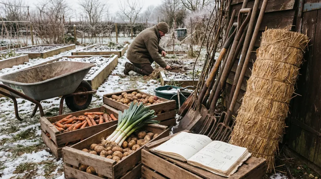 Potager hivernal préparé pour le printemps avec légumes stockés et outils