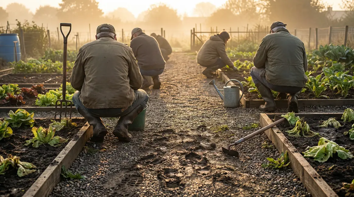 Potager du matin, jardiniers de dos, salades abimees