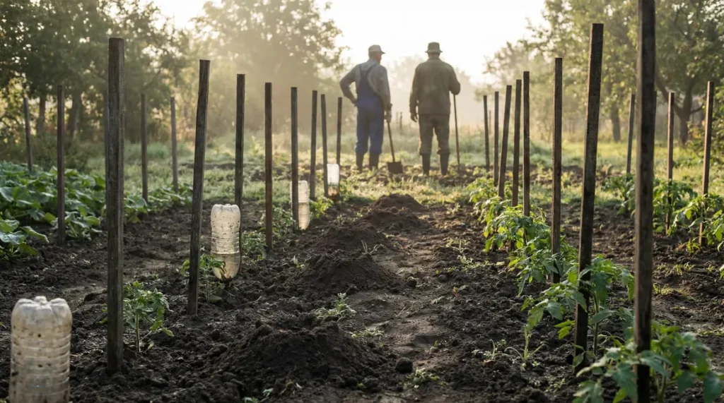 Potager familial avec taupinières et bouteilles plastique anti taupe