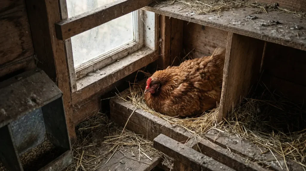 poule prostrée dans le nid ambiance inquiétude poulailler